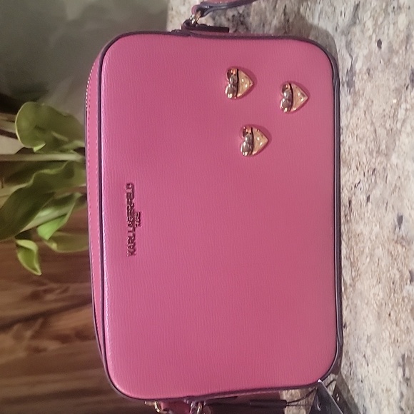 KARL LAGERFELD NWT PARIS GRAPHIC LOGO STRAP CROSSBODY BAG ROSE HEARTS - Picture 3 of 8